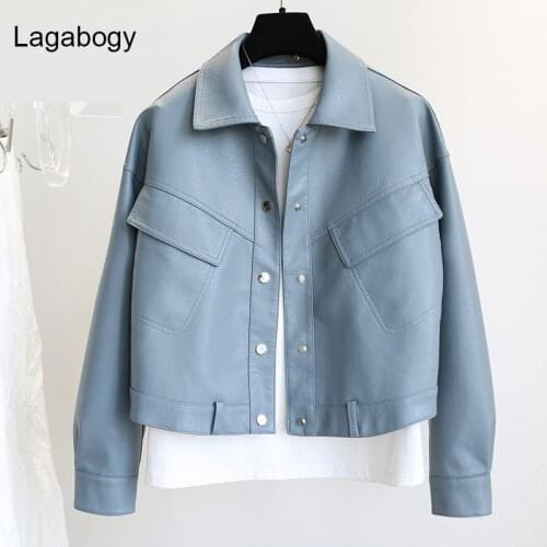 Lagabogy Women Spring Autumn PU Leather Jacket Female Loose Moto Biker Coat Ladies Turn Down Collar Single-Breasted Outwear