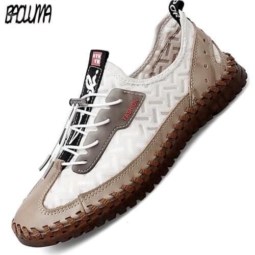 Summer Mens Shoes Leather Breathable Mesh Mens Sneakers Brand High Quality Lightweight Shoes Outdoor Moccasins Male Footwear