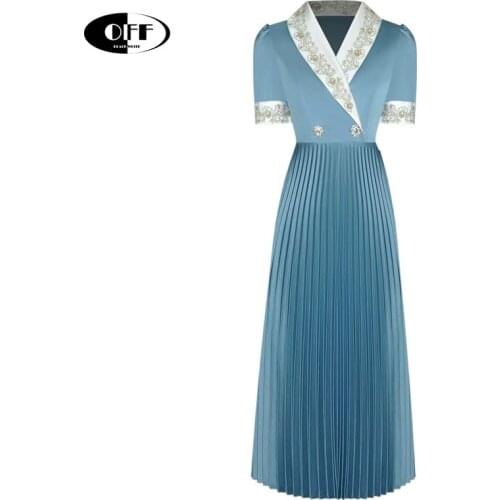 Fashion ladies office work elegant midi dresses for women summer Beading embroidery slim traf Pleated dress plus size vestidos