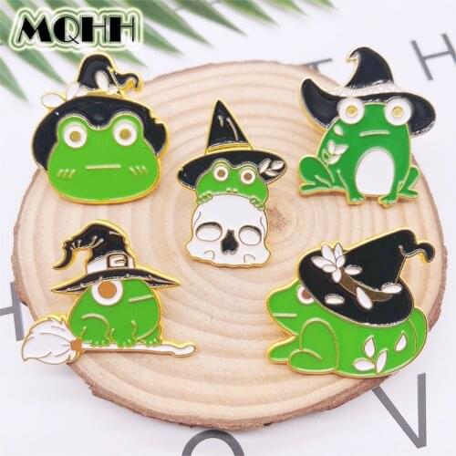 Cartoon Cute Animals Frog Pin Wizard Hat Broom Skull Frog Enamel Brooch Clothes Bag Accessories Woman Temperament Jewelry Gift