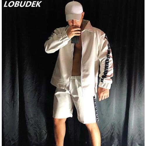Male Rock Singer Hip Hop 2-Pieces Set White PU Leather Baseball Jacket Pants Outfits Nightclub Bar Concert Performance Clothing