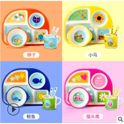 Bamboo fiber childrens tableware set eating home baby dinner plate baby compartment cartoon rice bowl separated shatter-resista