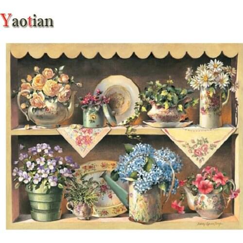 5D Full Square Drill Diamond Painting Cross Stitch Kit Vase Flower Plate Cupboard Diamond Embroidery Mosaic Needlework Decor New