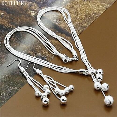 DOTEFFIL 925 Sterling Silver Matte Smooth Five Bead Ball Snake Chain Necklace Earring Set For Woman Wedding Engagement Jewelry