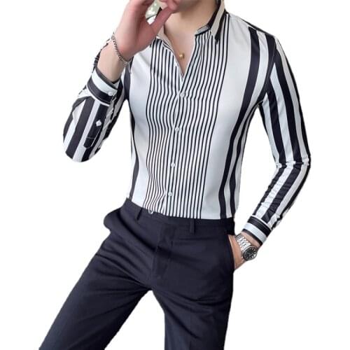 Spring and Summer New Striped Shirt Mens Long-sleeved Casual Ice Silk Shirt Business Social Mens Striped Long-sleeved Shirt