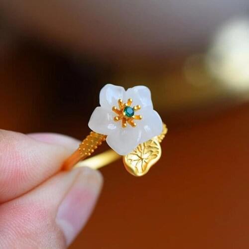 Designer original new natural Hetian jade ancient method gold flower opening adjustable ring luxury palace style ladies jewelry