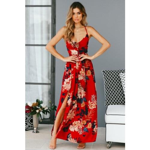 ZOGAA Summer Women Casual Long Dress Sexy V-neck Sleeveless Slit Ladies Dresses Floral Beach Clothes for Women