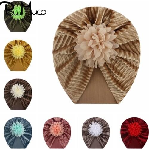 Powmuco 18*20 CM Solid Color Striped Gold Velvet Baby Girls Hats Fashion Handmade Flower Caps Warm Newborn Headwear 9 Colors