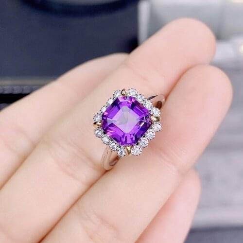 QTT Gorgeous Square Natural Stone Rings Purple Crystal 925 Sterling Silver Finger Ring for Women Wedding Party Adjustable 8*8