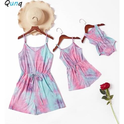 Qunq Mommy and Me Romper New Summer Fashion Tie Dye Jumpsuits for Women Girls Baby Mother Daughter Family Matching Clothes