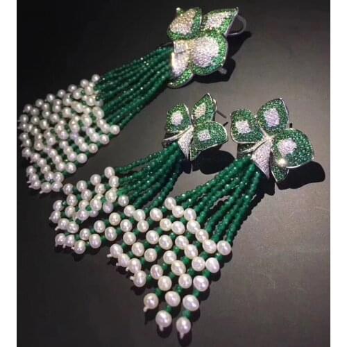 Natural fresh water pearl tassels pendant and flower stud earring jewelry set fine women jewelry 925 sterling silver