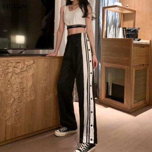 2021 Women Joggers Sweatpants Casual Wide Leg Pants Women Stripe Hip Hop Sweat Pants Streetwear Women Button Trousers Vintage