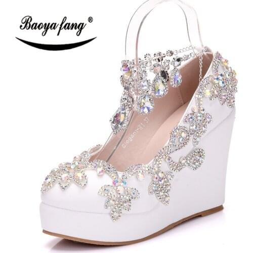 BaoYaFang Bride Wedding shoes woman ankle strap party shoes High Wedges heel white crystal shoe Ladies High platform shoes pumps