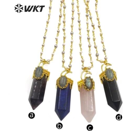 WT-N1183 WKT Natural Stone Necklace Moon Shape With Stone And Gold Electroplated Pearl Chain Women Fashion Necklace Jewelry