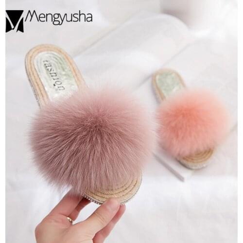 100% real fur flip flops sweet pink fox fur slippers women famous design crystal chain sandals straw espadrilles shoes womanc482