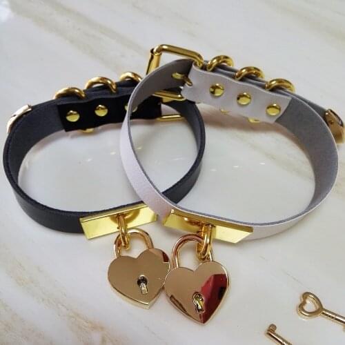 Women Harajuku NEW Hot Dark Rivet Leather Torques handmade punk Choker Necklaces Gold-color sweet heart lock &Key Free shipping