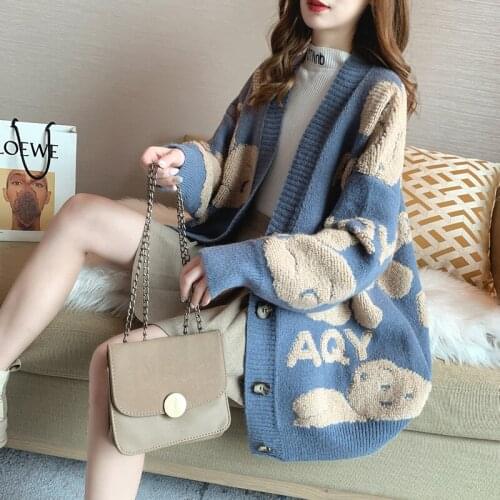 2021 Womens Button Down Sweater Casual Long Sleeve V Neck Bear Letter Pattern Knit Cardigan For Shopping Dating Vacation