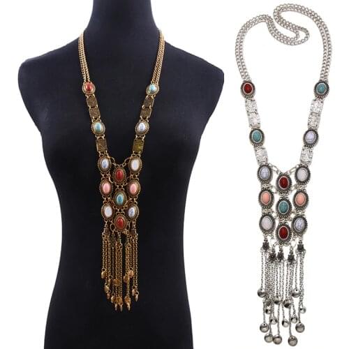 New Bohemian ZA Statement Necklace Ethnic Natural Stone Collar Maxi Necklaces Metal Tassel Long Sweater Chain Pendant for Women