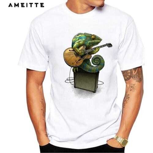2019 AMEITTE Funny Chameleon Plays the Blues T-Shirt Mens Hipster Cool White Printed T Shirt Summer Novelty Streetwear Tops Tee