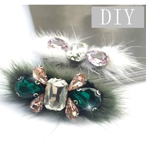 4 pcs/lot Rabbit Fur Rhinestones beaded brooch patches applique sew on beading Applique clothes shoes Clip decoration patch DIY