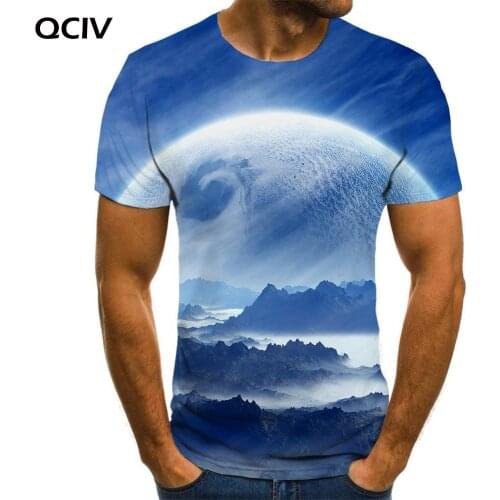 QCIV Brand Space T shirt Men Universe Funny T shirts Mountains Tshirts Casual Landscape Tshirt Printed Mens Clothing summer