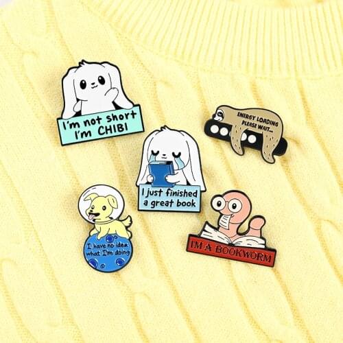 I'M A Book Worm Enamel Pins Custom Weeping Dog Cute Lazy Sloth Brooch Lapel Badge Bag Cartoon Animal Jewelry Gift For Kid Friend