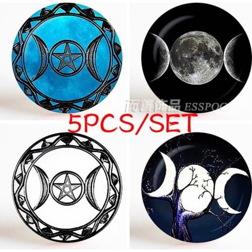 5PCS/SET Triple Moon Goddess Sign 25MM Glass Dome Cabochon Religions Making Jewelry Necklace Keychain Accessories Gift