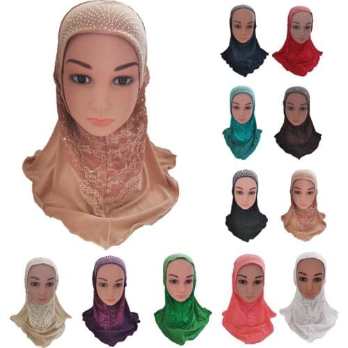Girls Kids Muslim Hijab Islamic Arab Scarf Shawls Rhinestone Neck Cover Turban Soft Stretch for 7 to 12 years old Girls Headwear