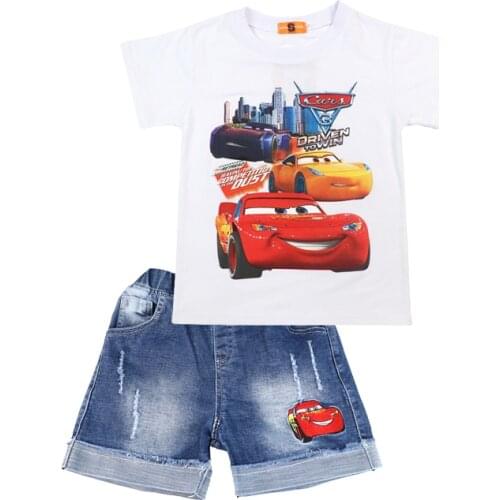 Disney Boys Outfits Cars McQueen Cartoon Summer Cotton Kids T-shirt&Denim Shorts Clothing Set Children Suit Clothes Fashion 3 8Y