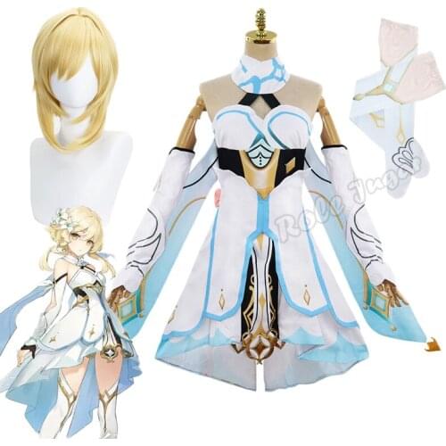 Game Genshin Impact Traveler Lumine Cosplay Costume and Wig Uniform Dress Socks Belt Suit Halloween Women Costumes Full Set