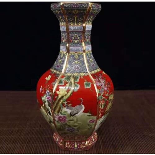 Exquisite Chinese Archaize Colored Enamel Decorative Auspicious Flowers and Birds Six Sides Porcelain Vase