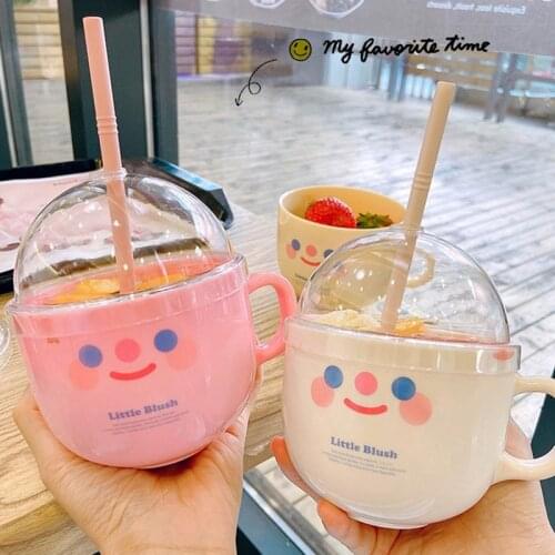 Ins Cute Smile Face Mugs with Straw Plastic Bowl Water Bottle Water Cup With Lid Fruit Salad Breakfast Coffee Cups Milk Mugs