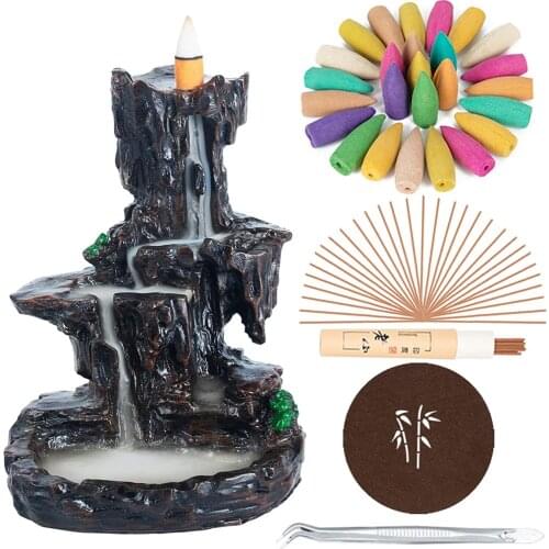 Incense Burner, Incense Holder Backflow Waterfall Mountain Home /Office Aromatherapy Ornament Gifts with Incense Cones and Tool