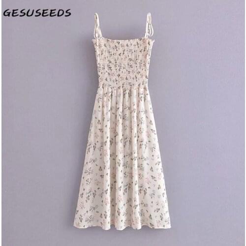Summer midi dress sexy spaghetti strap dress elegant strapless dresses women party floral dresses fit and flare dress beige 2021