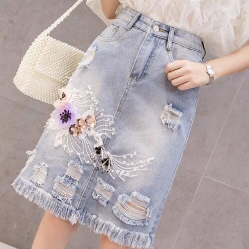 Summer Korea Female Womens High Waisted Ripped Hole Tassel Sequined Pearls Denim Skirt , Woman Slim Skinny Pencil Jeans Skirts