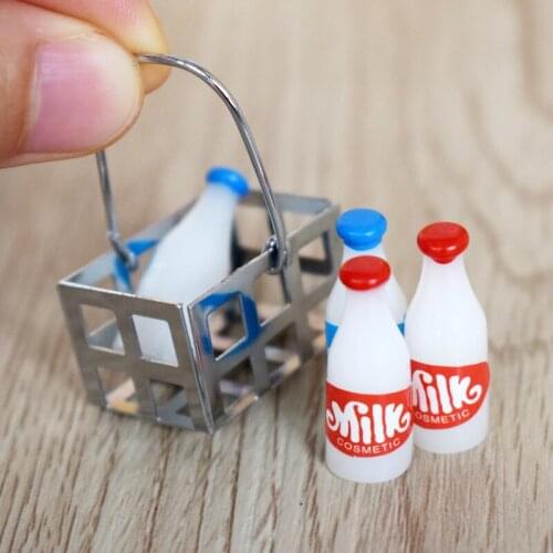 1/6 Scale Miniature Dollhouse Basket with 4PCS Milk Bottles Pretend Play Kitchen Barbies Blyth BJD Doll Food Toy Accessories
