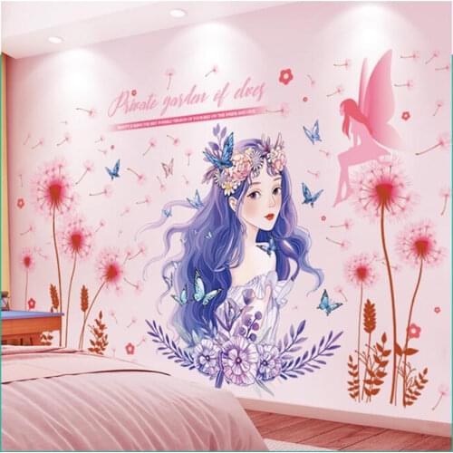 Cartoon Girl Butterflies Wall Stickers DIY Flower Plants Mural Decals for Baby Room Kids Bedroom Home Decoration Accessories