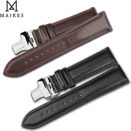 MAIKES Mens Leather Strap 18mm 19mm 20mm Folding Buckle Watch Accessories Universal Watch Butterfly Buckle WomenBand