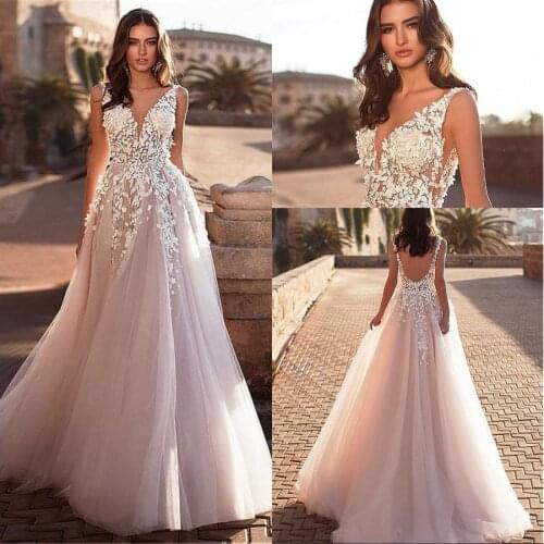 New Sexy V-neck A-line Backless Design Wedding Dress Boho With Lace Appliques & 3D Flowers Beadings Tulle vestido de casamento