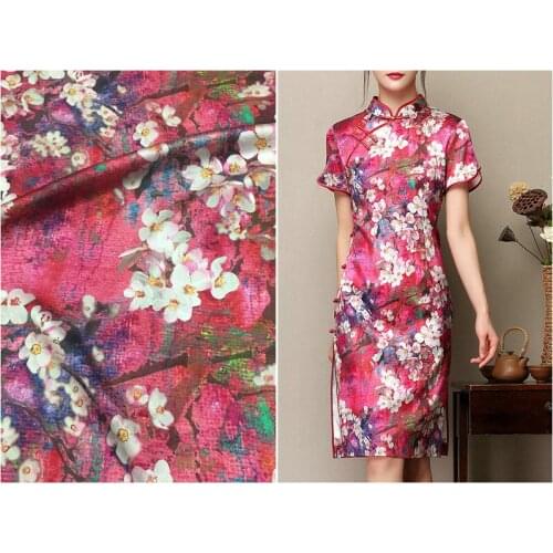 Plum blossom printing rose red bottom heavy digital printing fabric natural mulberry silk haute couture for dress sewing clothes