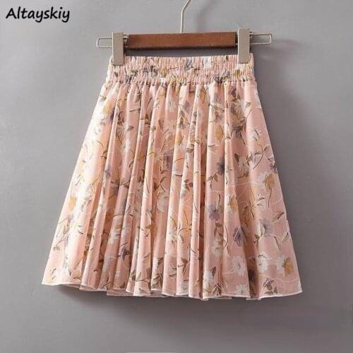 Skirts Women 28 Colors Fashion Simple Elastic Waist Summer Elegant Student Folds All-match Ulzzang Female Leisure Floral Chiffon