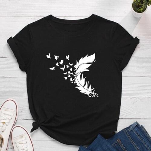 Feather Printing Woman Tshirt Casual Teens Tee Short Sleeve Summer Graphic T Shirt Woman