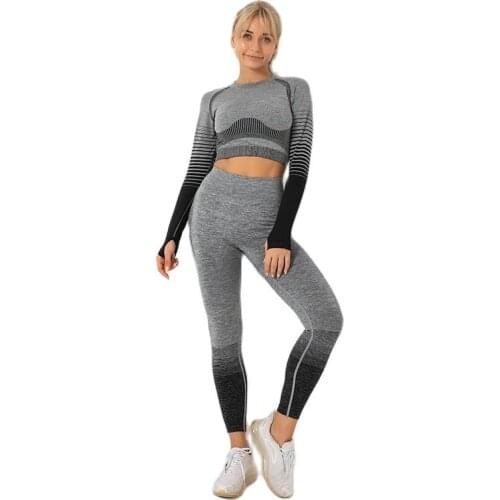 Women Sports Wear Seamless Green Gym Set Ombre Long Sleeve Yoga Set Full Legging High Waisted Fitnesss Suit Tight Work Out Suit