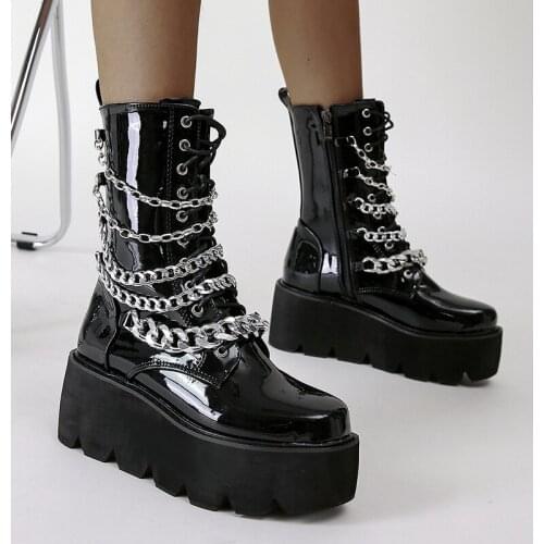 Brand Design Gothic Style Female Motorcycle Boots Black Heel Platform Ankle Boots With Buckle Mid-Calf Women Boots big size