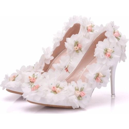 Womens White Flowers Lace Rhinestones Crystal Stilettos High Heel Bridal Wedding Sweet Princess Pointed Toe Pumps Shoes New 2021