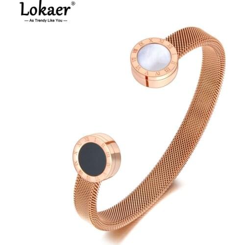 Lokaer Classic Titanium Stainless Steel Black/White Acrylic Shell Open Bangle Bracelets For Women Adjustable Size Jewelry B21010