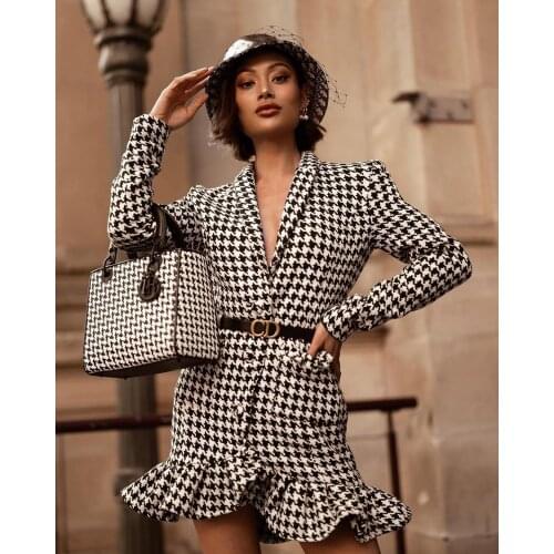 Celebrity Bandage Dress Autumn New Sexy Deep V Neck Full Sleeves Black Plaid Pockets Mini Bodycon Dress Vintage Elegant Femal Ev