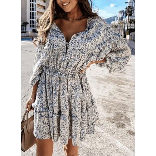 Sukienka Women boho loose mini dress sexy ruffles full sleeve beach holiday print dress oversize summer dress vestido de mujer