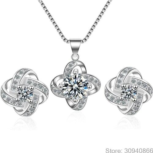 2019 Bijoux New Bridal Jewelry Sets 925 Sterling Silver Long Statement Clover Choker Necklaces Zirconia Earrings for Women Gift