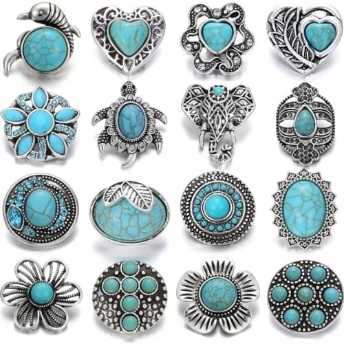 6pcs/lot 18mm Snap Jewelry Button Lot Vintage Natural Stone Elephant Owl Cross 18mm Metal Snap Buttons Fit Snap Button Bracelet